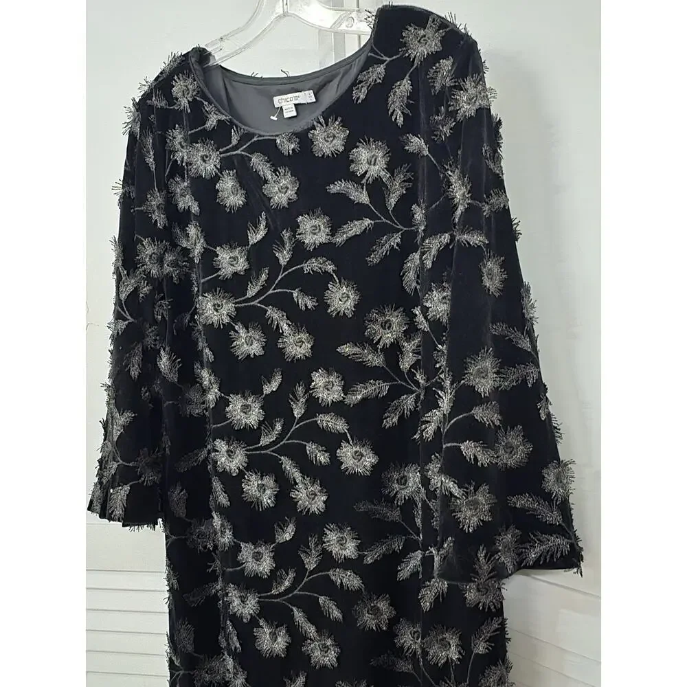 Chico’s Dress 3D Embroidered Floral Bell Sleeve Midi Black Velvet Size 2 Large